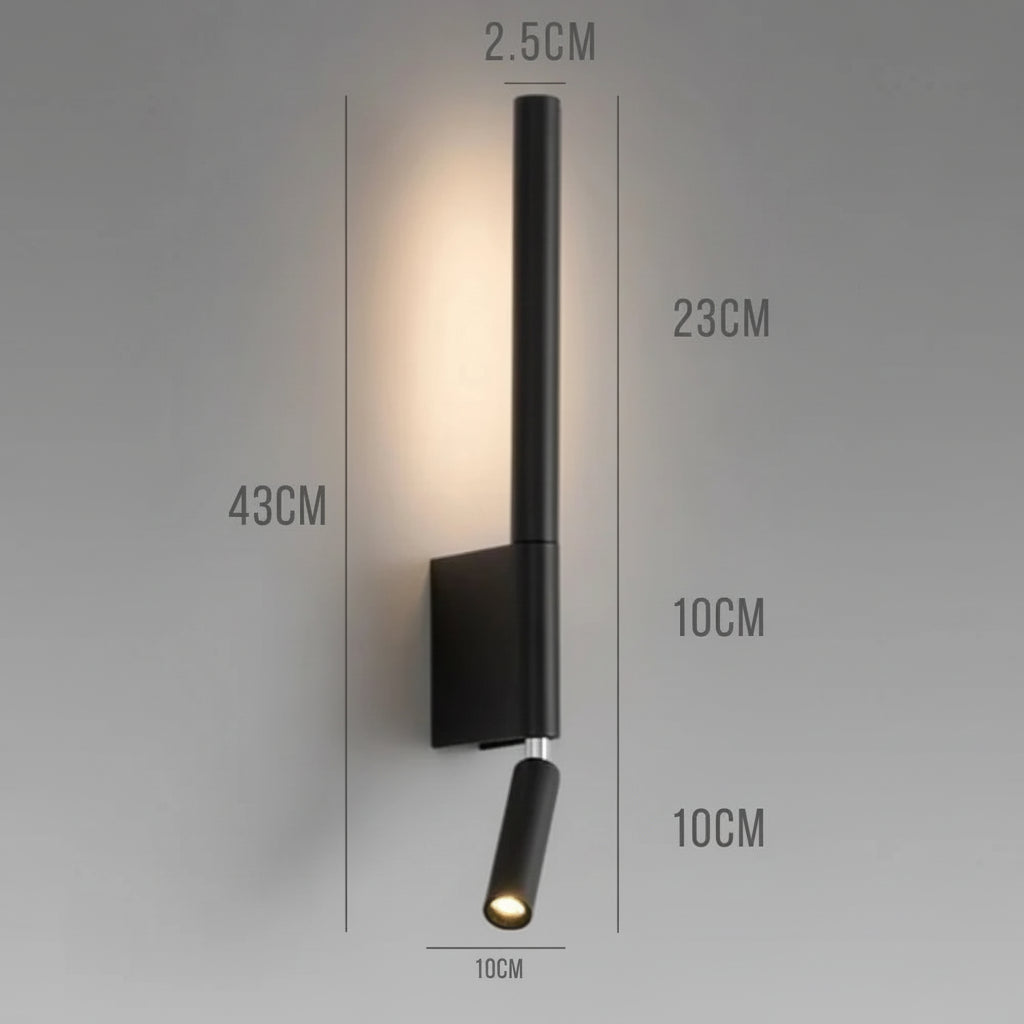 Arandela de Parede Sereno LED cor preta com marcação das dimensões técnicas oficiais: diâmetro 10cm × altura 43cm, detalhes de medidas do produto minimalista