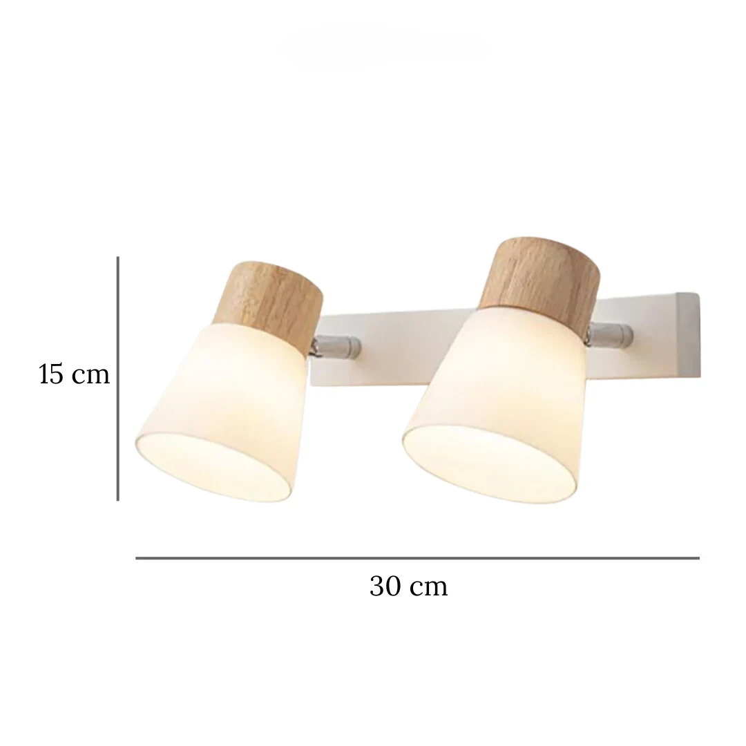 Especificações de dimensões da Arandela Vega de Madeira e Vidro modelo cabeçote duplo 2 lâmpadas, tamanho 30 cm × 15 cm, soquete E27, proteção IP44 para decoração residencial