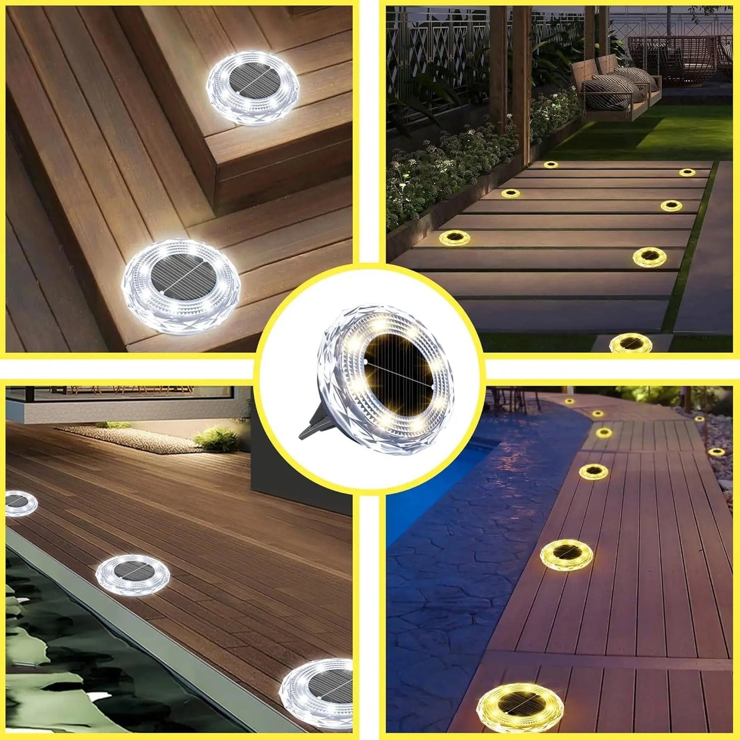 Demonstração de aplicação versátil do Farol de Solo Solar Diamante LED Acolazo em diversos cenários de jardim e áreas externas