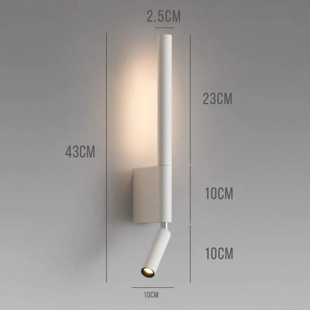 Arandela de Parede Sereno LED cor branca com marcação das dimensões técnicas oficiais: diâmetro 10cm × altura 43cm, detalhes de medidas do produto de alumínio