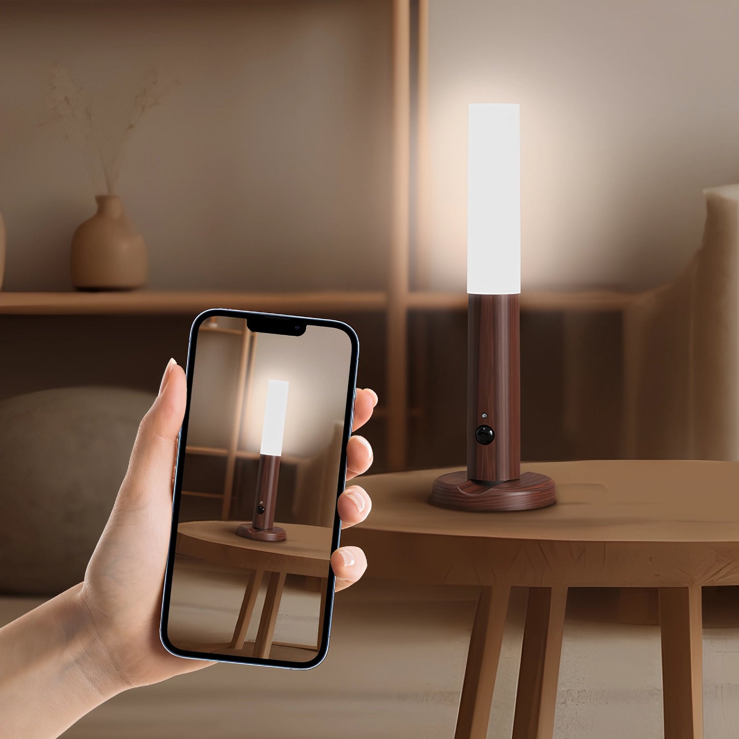 Demonstração da arandela LED de indução na mesa, visualização no celular