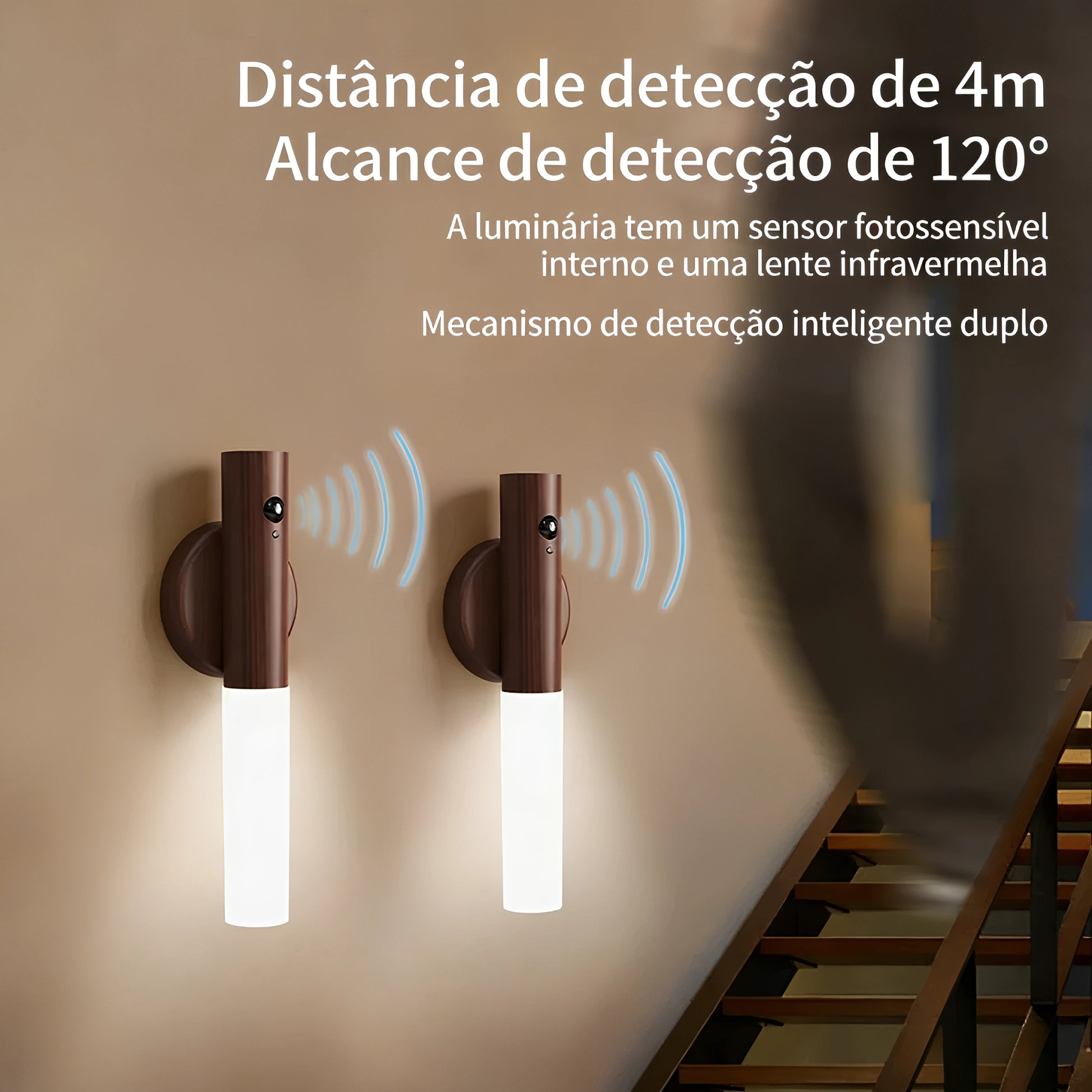 Arandela LED com sensor de movimento 4m e ângulo 120°, luz branca