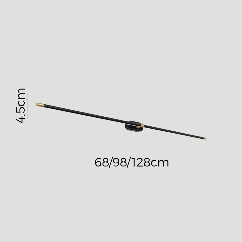 Especificações de dimensões da Arandela LED Sereno, com medidas de comprimento 68/98/128cm e altura 4,5cm, guia de tamanhos do aplique de parede