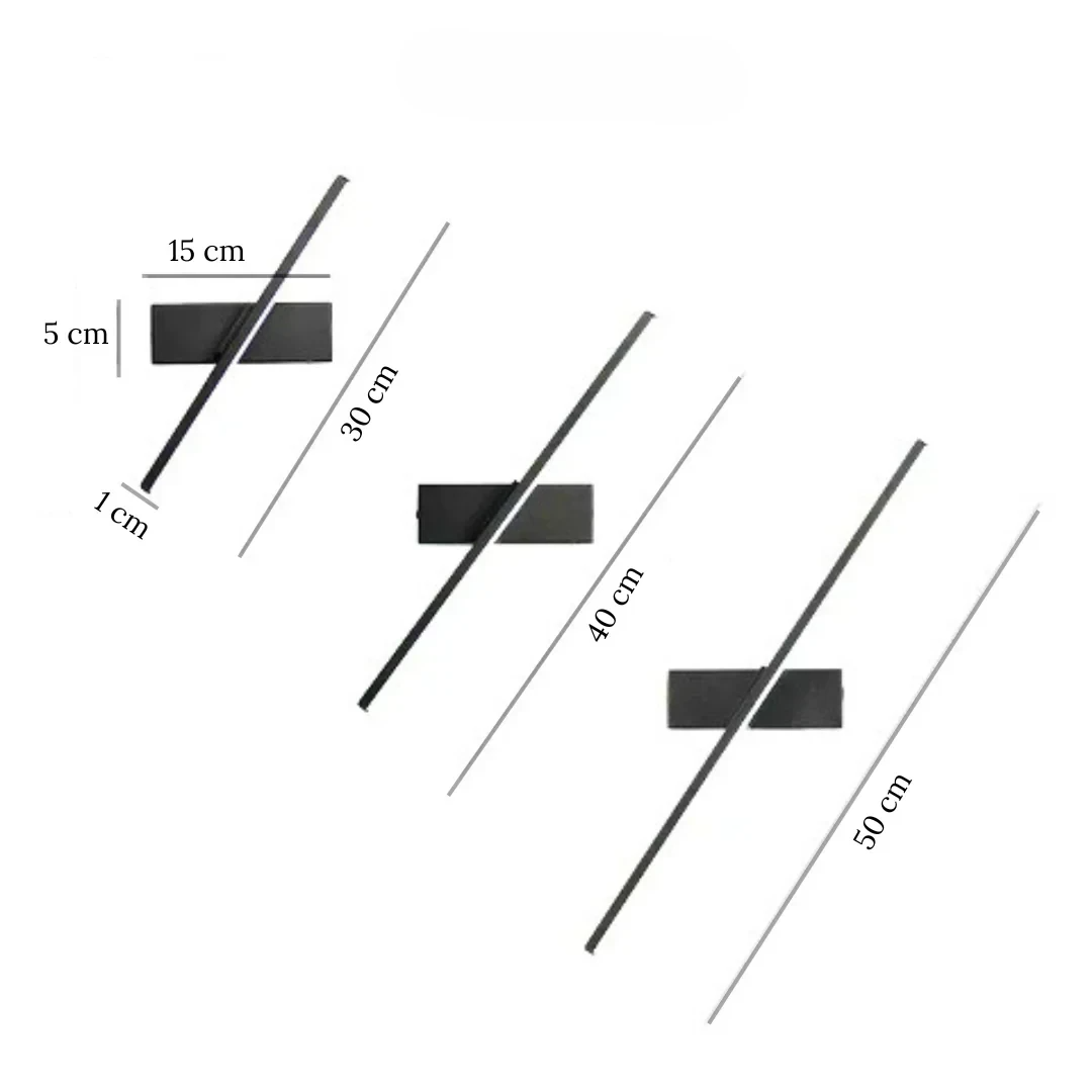 Arandela Rotativa Sereno de alumínio LED, visualização dos 3 tamanhos disponíveis do modelo: 30cm, 40cm e 50cm, com acabamentos nas cores preto e branco