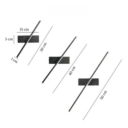 Arandela Rotativa Sereno de alumínio LED, visualização dos 3 tamanhos disponíveis do modelo: 30cm, 40cm e 50cm, com acabamentos nas cores preto e branco