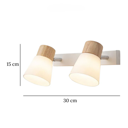 Especificações de dimensões da Arandela Vega de Madeira e Vidro modelo cabeçote duplo 2 lâmpadas, tamanho 30 cm × 15 cm, soquete E27, proteção IP44 para decoração residencial