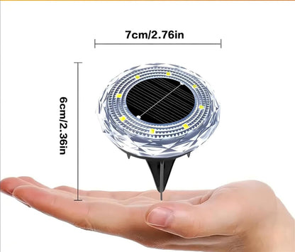 Visualização detalhada com marcação das dimensões oficiais do Farol de Solo Solar Diamante LED Acolazo, guia de especificações e instalação