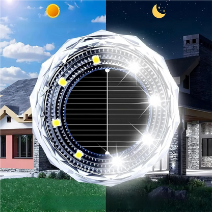 Comparativo visual do Farol de Solo Solar Diamante LED Acolazo: aparência do produto durante o dia e efeito de iluminação noturna no jardim