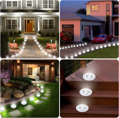 Efeito de iluminação noturna do Farol de Solo Solar Diamante LED Acolazo em diversos cenários de jardim, luz solar subterrânea à prova de água