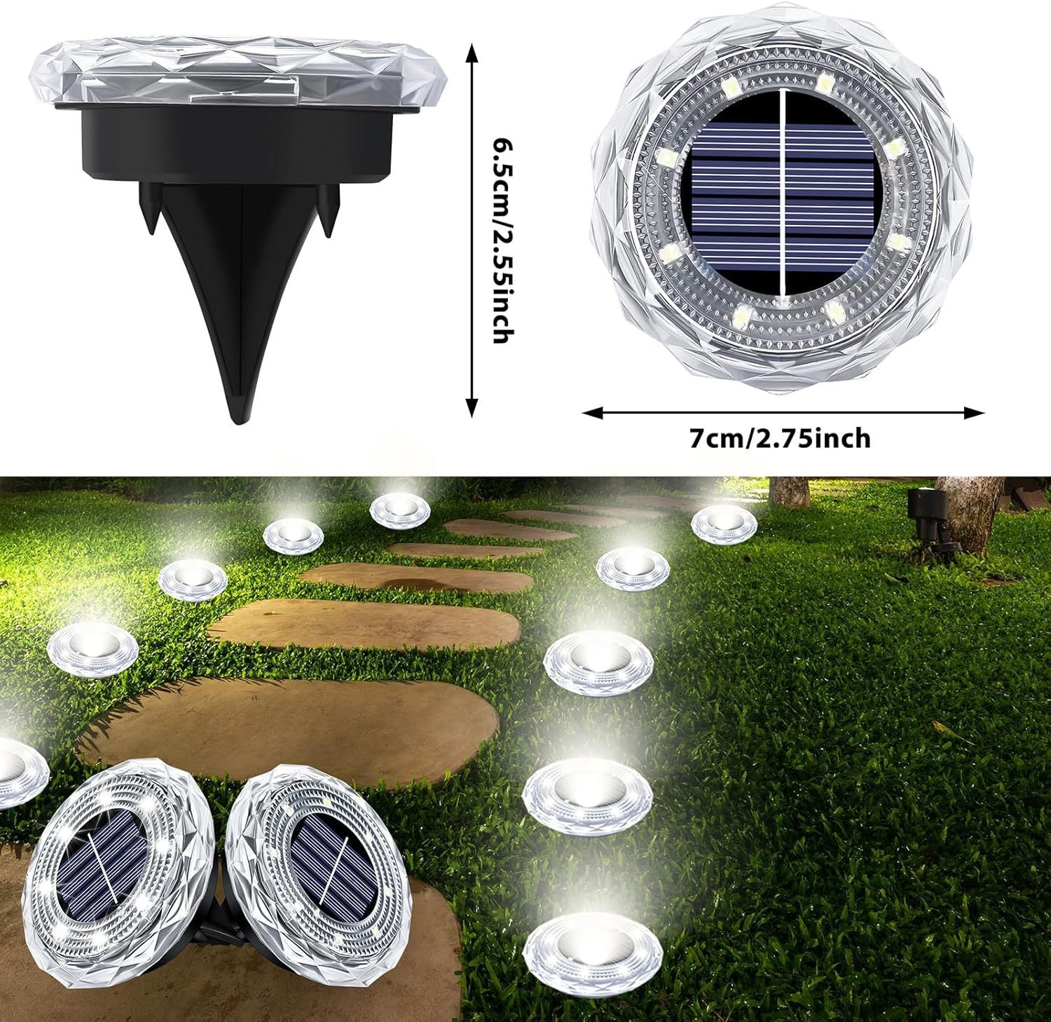 Farol de Solo Solar Diamante LED instalado nos dois lados do caminho de grama no jardim, com marcação das dimensões do produto para referência de instalação