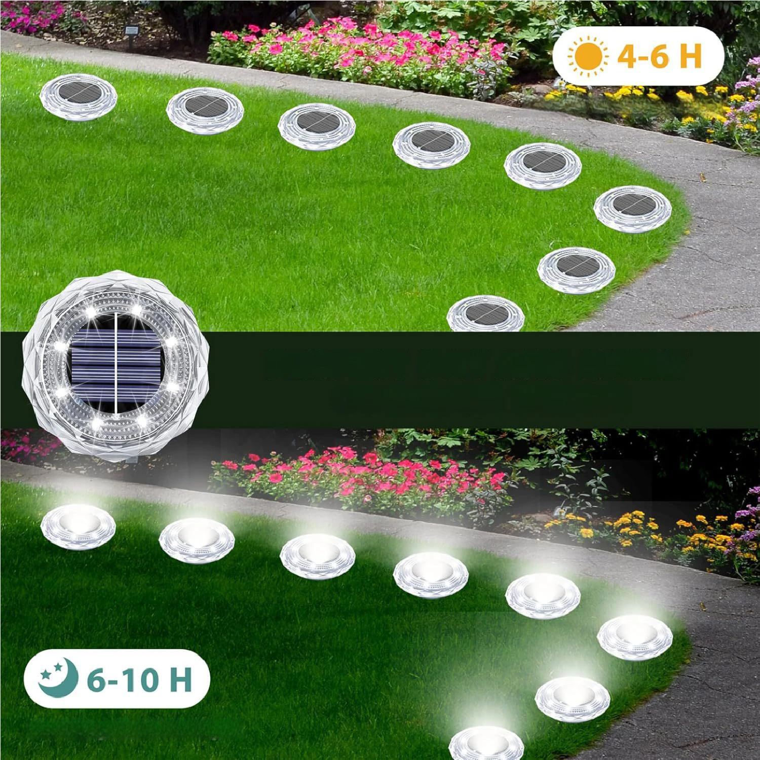 Farol de Solo Solar Diamante LED instalado na grama do jardim, efeito de iluminação com luz branca, modelo à prova de água para áreas externas