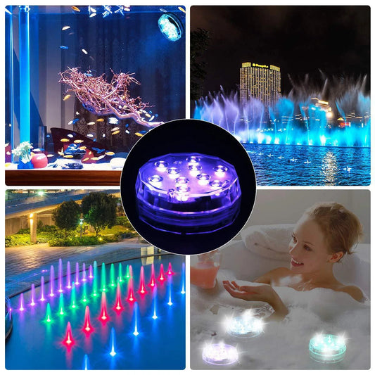 Luz subaquática LED RGB com controle remoto IP68 em funcionamento em ambiente subaquático, para aquários e iluminação exterior.