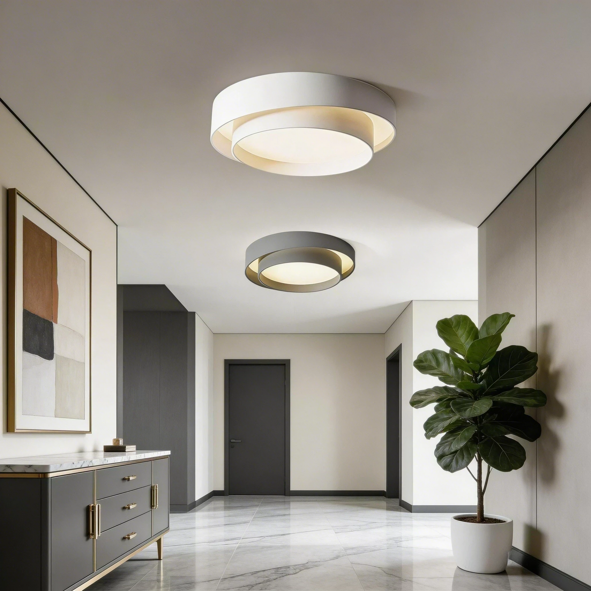 Plafon LED de acrílico branco e cinza com luz quente, na sala de estar com design elegante