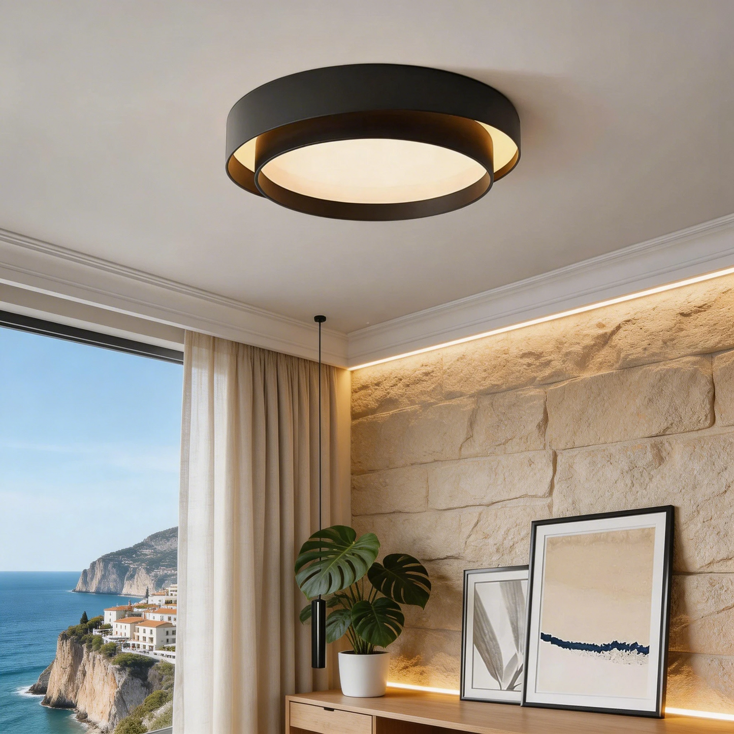 Plafon LED de acrílico cor preta com luz quente, design moderno em ambiente decorado